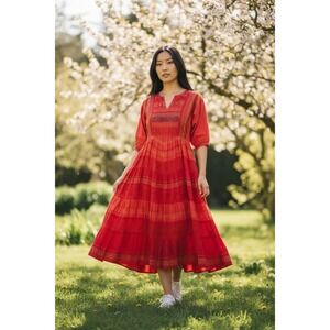 Called to Surf Women's Vintage Red Embroidered Off Shoulder Dress M lace accents